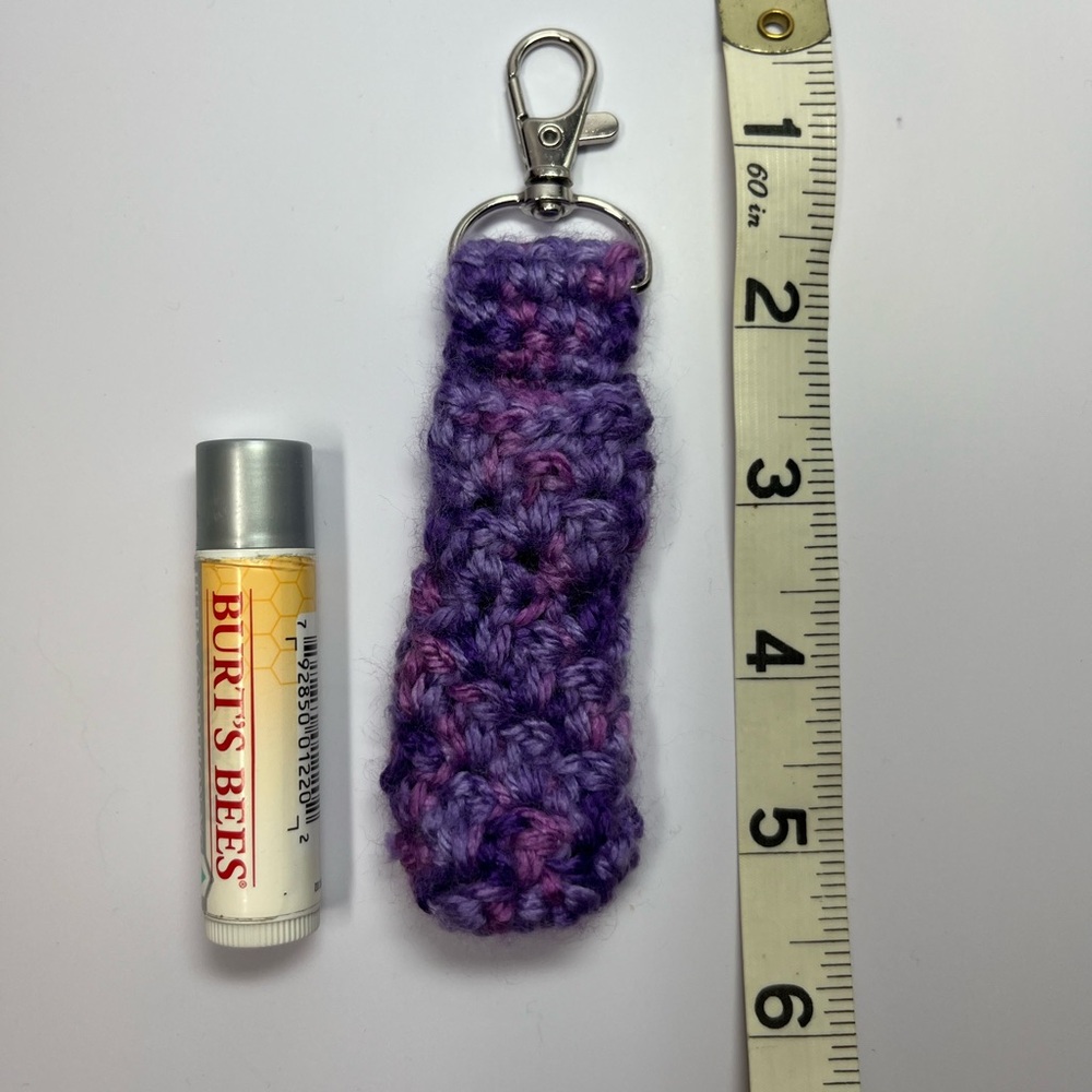 Handmade Crochet Lip Gloss Holder Keychain Approx 5-1/2” long Purple